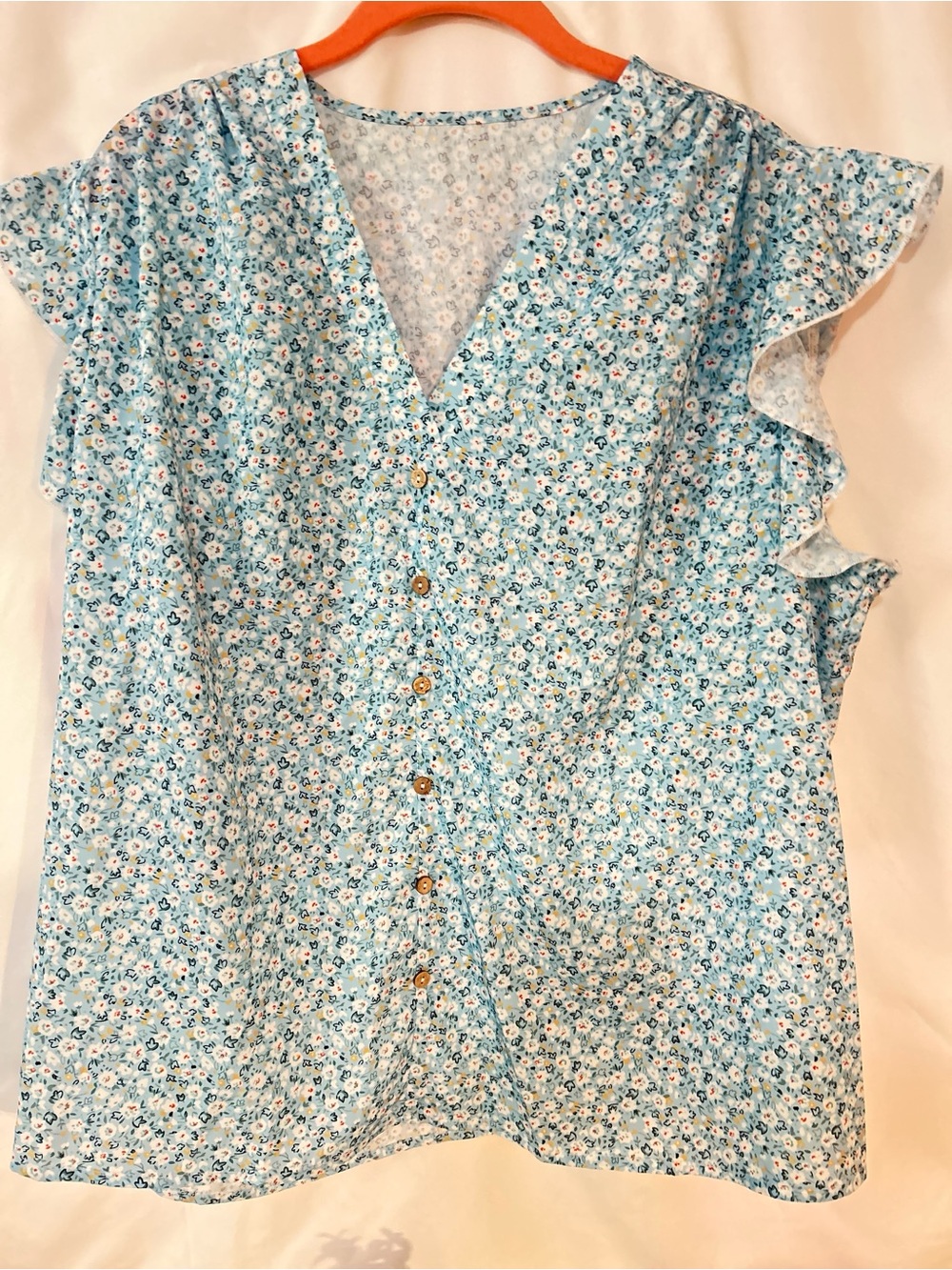 SHEIN Light Blue Floral Button-Front Ruffle Sleeve Top